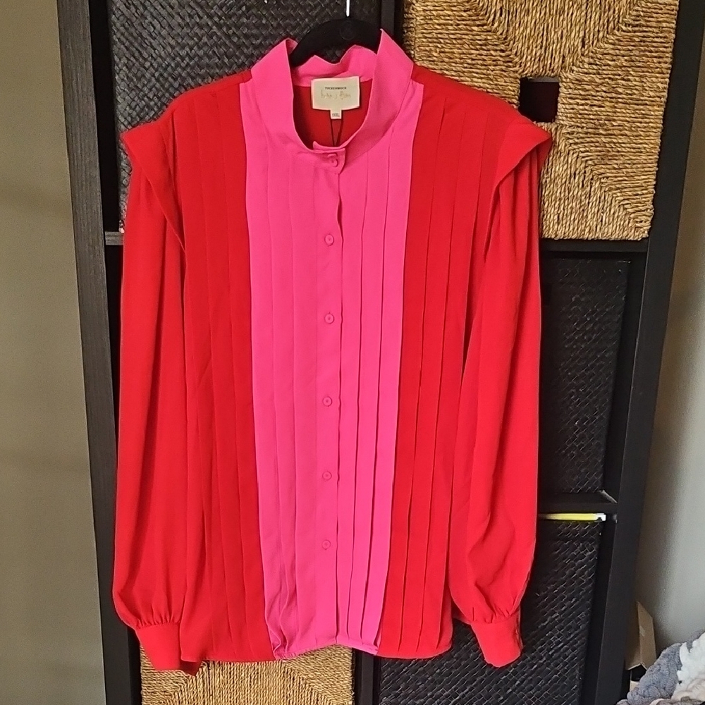 Tuckernuck Red and Pink Pleated Blouse